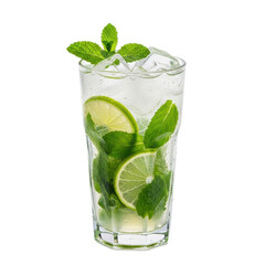 A refreshing mojito cocktail, garnished with fresh mint leaves and lime slices, served in a tall glass with ice, ideal for summer and party themes.