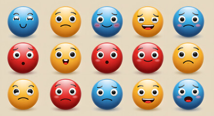 Colorful collection of 3D character emoticons. A diverse set of expressive face icons representing a wide range of human emotions and moods.