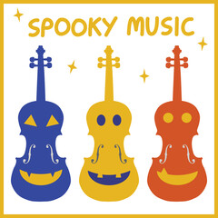 Colorful violin,viola and ghost.Clipart flat design. Autumn illustration in cartoon retro groovy funky style for Halloween holiday decoration, banner,stickers,prints products,music element.Hand drawn.