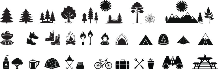 Minimal Camping Tent and Campfire Silhouette Icon – Black and White Vector