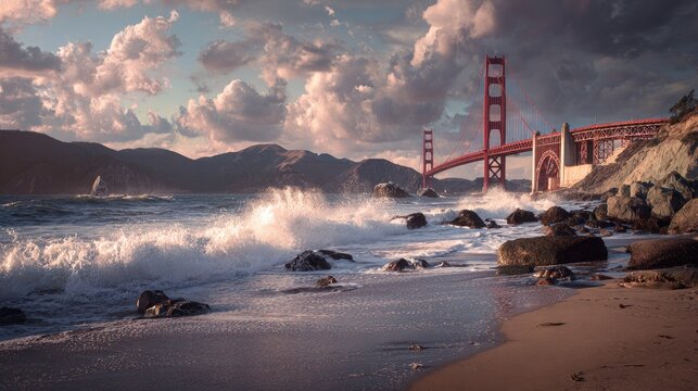 Golden Gate Bridge at sunset, crashing waves