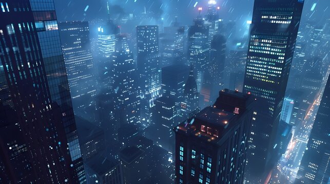 Aerial view of illuminated futuristic cityscape under a starry night sky - Powered by Adobe