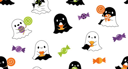 Seamless Halloween pattern with cute ghosts and candies for festive design