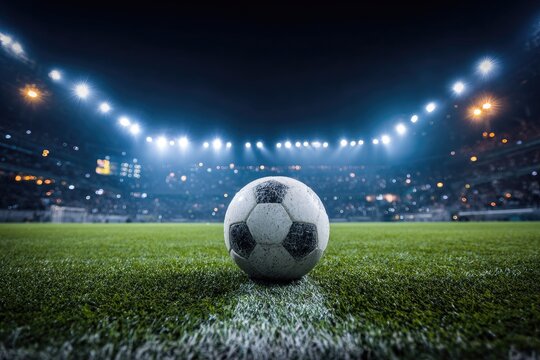 Soccer ball on a stadium field at night. Bright stadium lights illuminate the pitch. Crowd blurred in the background