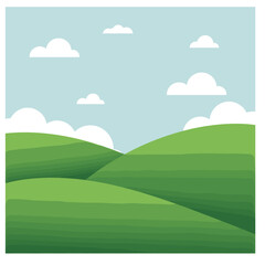 A rolling green landscape with gentle hills, under a bright blue sky with scattered clouds, evoking tranquility and natural beauty