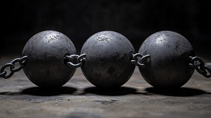 Three heavy iron balls chained together on dark background weight restriction imprisonment