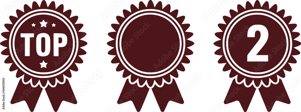 Poster maroon ribbons emblems for top ranking and achievement with numbered and blank badges emphasizing qu