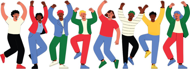 Diverse group of people celebrating with raised arms and joyful expressions celebration diversity