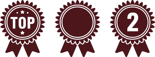 Maroon Ribbons Emblems for Top Ranking and Achievement with Numbered and Blank Badges Emphasizing Quality and Excellence in Service and Product