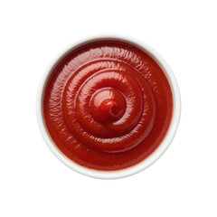 A vibrant, rich red ketchup sauce is presented in a clean white ceramic bowl, viewed from directly above. It features an appealing swirled texture, ready for culinary use.