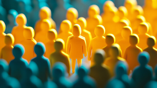 A single yellow figure stands out among a crowd of blurred yellow and teal figures