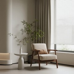 Minimalist Living Room with Wooden Armchair and Bamboo Plant