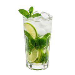 A refreshing mojito cocktail with fresh lime slices, vibrant mint leaves, and ice cubes, perfect for summer drinks, parties, or tropical themes.