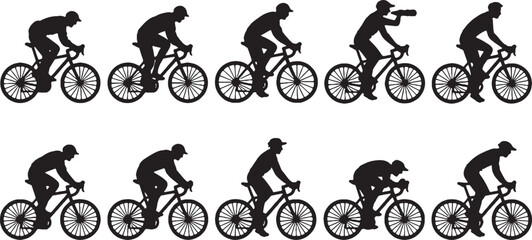 Silhouettes of Cyclists in Various Poses and Actions on White Background cycling bicycle