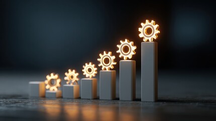 A series of increasing bar graphs with glowing gears on top, symbolizing growth and progress in technology or business.