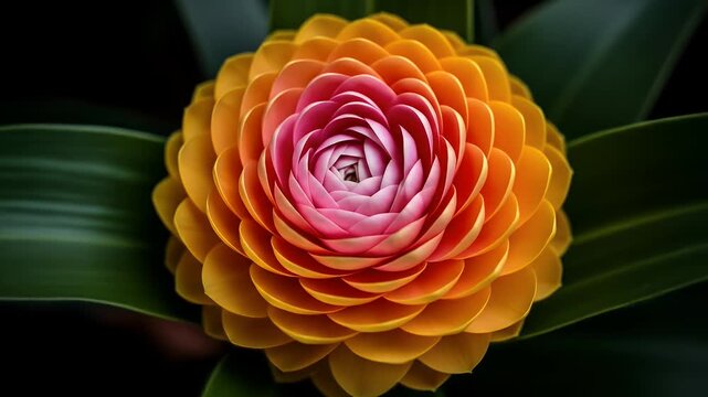 Closeup of a bromeliad flower with vibrant orange and pink petals