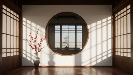 Traditional Japanese Room with Circular Window and Cherry Blossom Vase