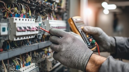 Electrician hands testing circuit breaker with multimeter in electrical panel, concept for safety inspection, power distribution and troubleshooting