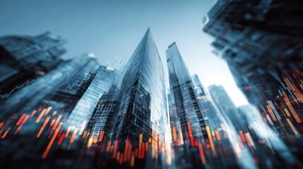 A dynamic view of skyscrapers with a futuristic design, featuring abstract financial data overlays and a striking blue sky.
