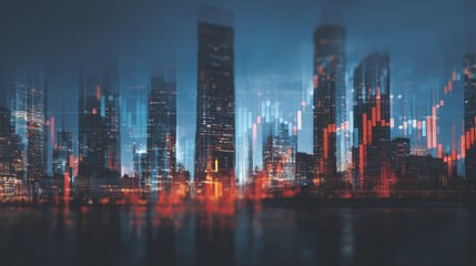 A futuristic cityscape with digital trading graphs overlaying skyscrapers, depicting a blend of urban life and finance data.