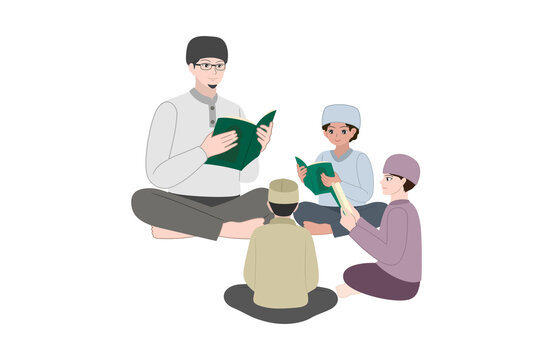 Muslim teacher guides students in reading from the Quran, fostering spiritual growth and community connection during religious education session