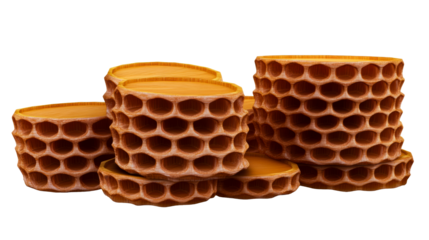 Stacked wooden honeycomb structures with round openings, cut out transparent