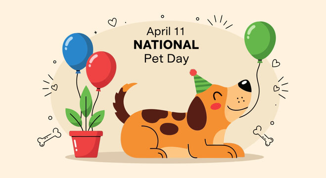 Vector art of happy dog wearing a party hat, celebrating national pet day on april 11th with balloons, a plant, and bones, in a fun cartoon illustration - Powered by Adobe