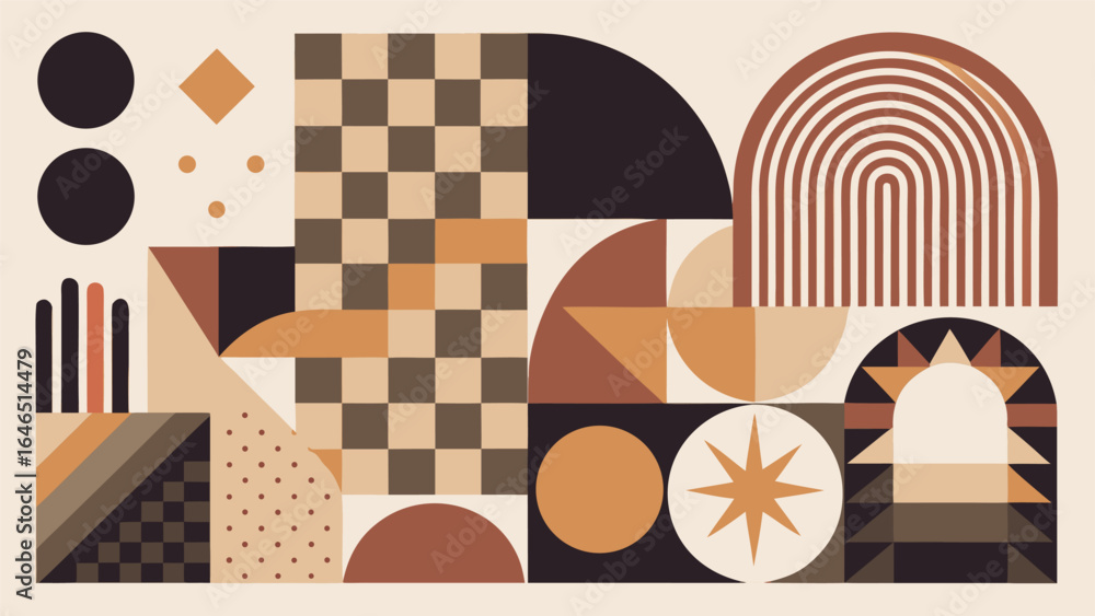 Poster a collection of colorful geometric shapes, including circles, squares, and triangles, arranged in an