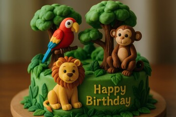 Children&rsquo;s birthday cake shaped like a realistic jungle scene with tiny edible animals