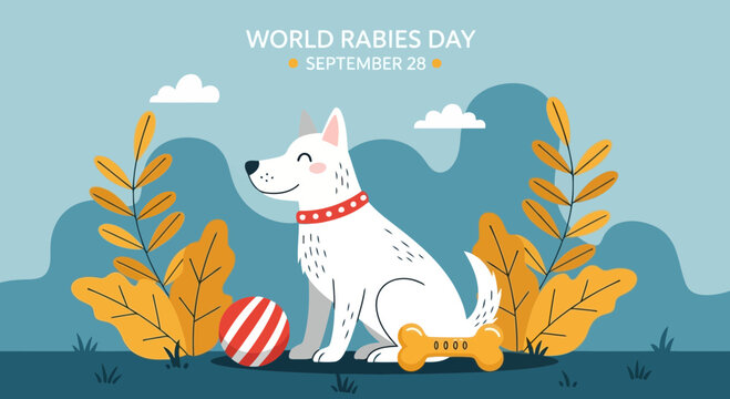 Vector art of world rabies day september 20th a happy white dog sits with a ball and bone, surrounded by plants, promoting rabies awareness and pet health