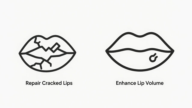 Lip repair and plumpness icons represent repairing dry and cracked lips, increasing lip fullness, and are used for lip care and beauty scenes.