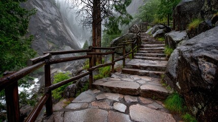 Hiking path in a misty mountain setting