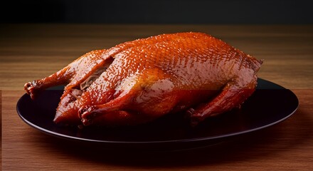 ​A whole roasted Peking duck with a glossy, reddish-brown skin, presented on a simple black plate against a dark background and a wooden surface.
