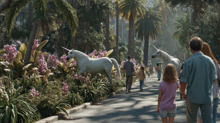 whimsical park featuring majestic unicorns frolicking among magical plants with augmented reality infographics