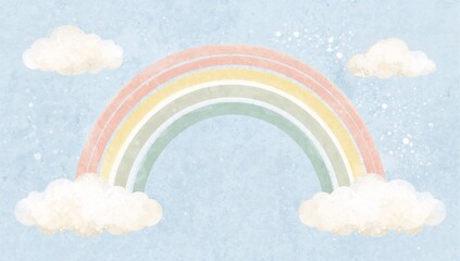 Pastel Watercolor Rainbow with Fluffy Clouds Against a Light Blue Sky Illustration