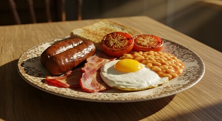 ​A hearty English breakfast featuring a fried egg, sausages, crispy bacon, baked beans, grilled tomatoes, and toast, presented on a decorative plate with warm lighting.
