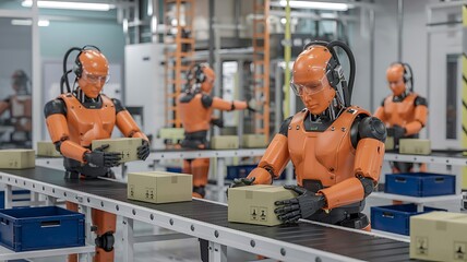 Advanced humanoid robots working together on an automated assembly line in a modern factory setting