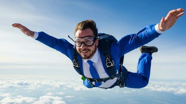 Businessman skydiving in a blue suit against a clear blue sky