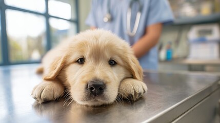 Adorable golden retriever puppy lying on an exam table at the veterinary clinic, concept for pet health, animal care and veterinary medicine