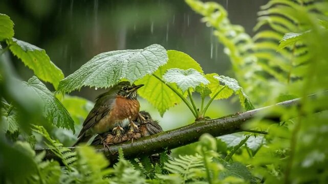 Mother bird protects chicks under large leaf during heavy rain.