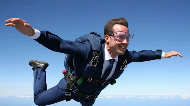 Businessman skydiving in a blue suit against a clear blue sky