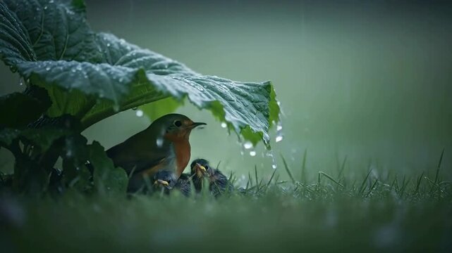 Mother bird protects chicks under large leaf during heavy rain.