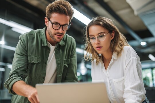 Focused project manager and marketing analyst collaborating on laptop in office setting. Concept for business presentation, teamwork solution and corporate strategy meeting