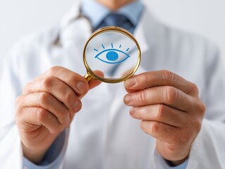 Doctor holding magnifying glass focusing on an eye illustration in white coat, concept for vision examination, eye health awareness and ophthalmology service promotion