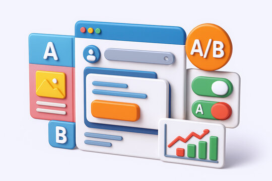 Colorful 3D representation of A/B testing elements showcasing user interface design.