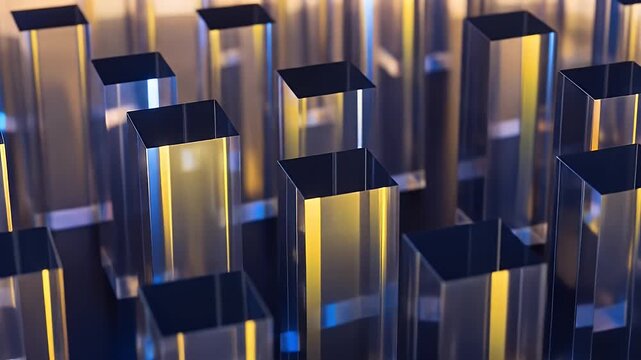 Many tall rectangular prisms with reflective surfaces in varying heights