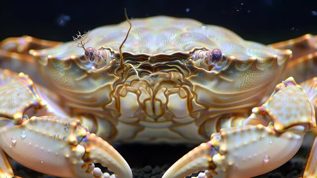 Intricate Close-up of a Light-Colored Marine Crab Underwater, Frontal View Highlighting Carapace Details and Claws