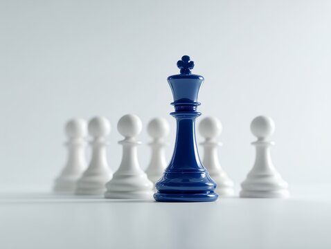 A blue king chess piece stands out among white pawns on a plain backdrop, concept for business leadership, strategic planning and competitive advantage