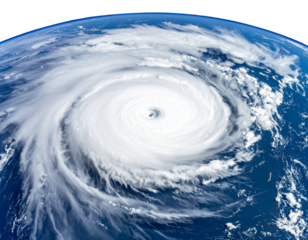 Wide-Angle Aerial Shot of Massive Hurricane Over Ocean, Eye Partially Obscured by Thin Clouds, isolated on transparent background