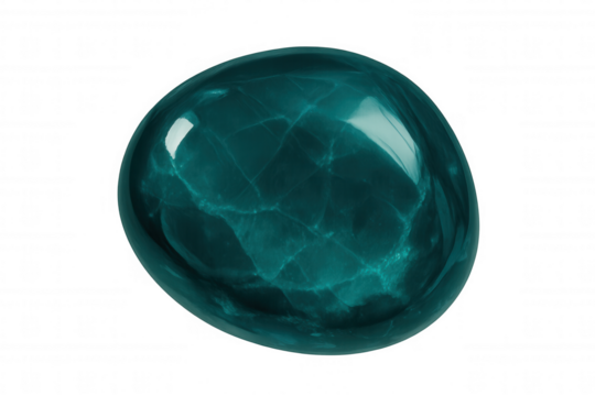 Polished teal gemstone revealing intricate veining, gleaming surface against transparent backdrop